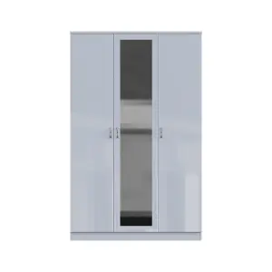 3 Door Triple Mirrored Wardrobe Grey Gloss Scratch Resistant Bedroom Furniture