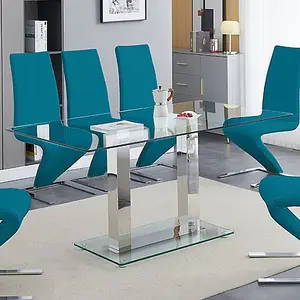 Furniture In Fashion Jet Large Clear Glass Dining Table With 6 Demi Z Teal Chairs