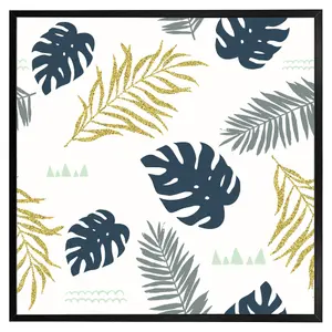 Gold glitter & navy leaves (Picutre Frame) / 16x16" / Grey