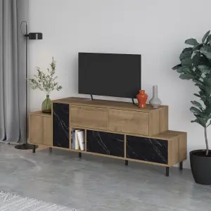 Decortie Hermes Modern TV Unit Multimedia Centre Large Storage 52" TVs Cabinet Fits Dark Oak Black Marble Effect 171.2cm