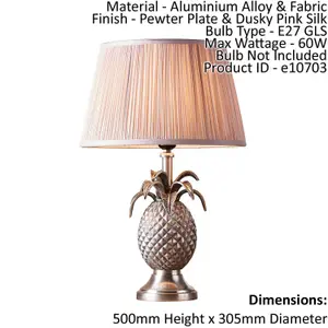 Table Lamp Pewter Plate & Dusky Pink Silk 60W E27 GLS Base & Shade