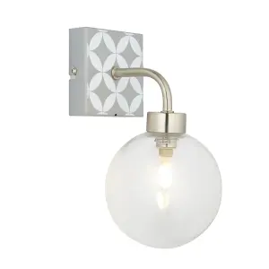 First Choice Lighting Set of 2 Geo Tile Brushed Chrome with Clear Glass Globe IP44 Bathroom Wall Lights