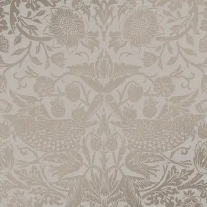 William Morris Gallery Collection Fibrous Neutral Strawberry Thief Metallic effect Smooth Wallpaper