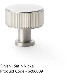 Round Reeded Door Knob - 35mm Diameter Satin Nickel Lined Cupboard Pull Handle