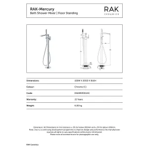 RAK Mercury Polished Chrome Modern Floor Standing Bath Shower Mixer Tap Solid Brass