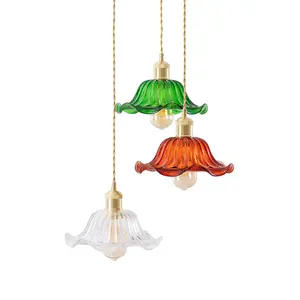 ValueLights Cassia Gold Hanging Triple Ceiling Pendant Light with Multi Coloured Frill Flower Glass Lampshades - Bulbs Included