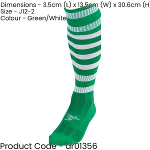 JUNIOR Size 12-2 Hooped Stripe Football Socks GREEN/WHITE Contoured Ankle