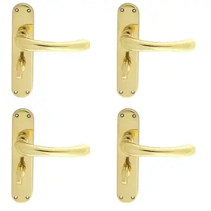 4 PACK - Rounded Smooth Bathroom Latch Door Handle - Polished Brass Lever on Backplate