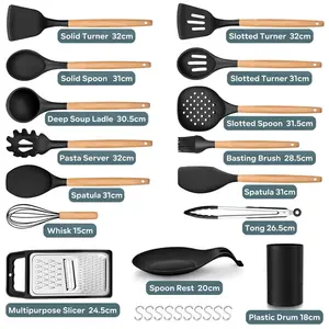 Kitchen Utensils Set,  25 Pieces Soft Silicone Cooking Utensil Set With Holder, Natural Wooden Handle Kitchen Spatula Spoon For Cooking Baking, Non Stick & Heat Resistant, Black Black