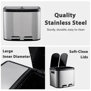 Stainless Steel Dual Rubbish Bin, 2-Compartment Metal Pedals Bin with Lids 2x10L