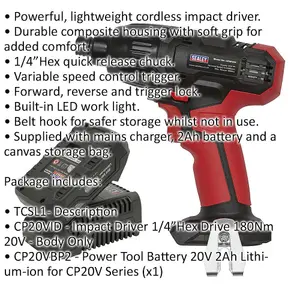 20V Cordless Impact Driver & 1x Li-Ion Battery - 1/4" Hex Drive Powerful Light