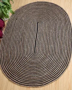 CHAKKAR DARK Stripe Oval Jute Beige Black Rug / 120 cm x 180 cm