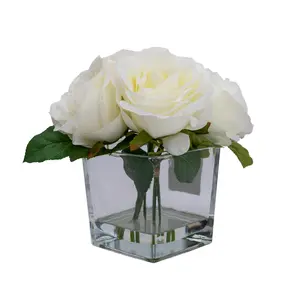 19cm White Roses Artificial plant in Clear Square Glass Vase