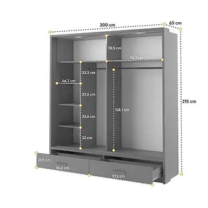 Lux V - Grey Sliding Door Mirrored Wardrobe with Shelves And Drawers (H2150mm W2000mm D600mm)