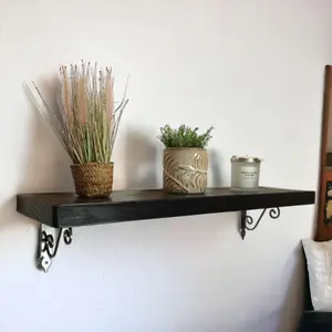 Solid Wood Handmade Rustical Shelf Black Ash 175mm 7 inch with Silver Metal Bracket WOZ Length of 90cm