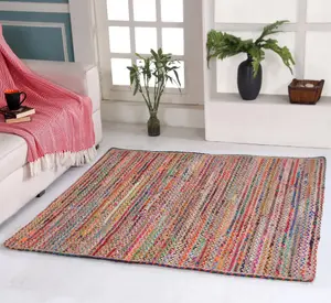 MISHRAN Square Jute Area Rug Hand Woven with Recycled Fabric 120 cm x 120 cm