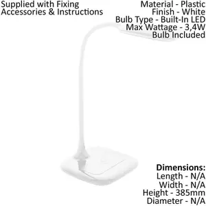 Table Desk Lamp Colour White Touch On/Off Dimming Bulb LED 3.4W Included