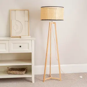 ValueLights Lottie Natural Wood Tripod Floor Lamp with Natural Cane Rattan Drum Shade - LED Bulb Included