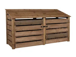 Slatted wooden log store with door and kindling shelf W-227cm, H-126cm, D-88cm - brown finish