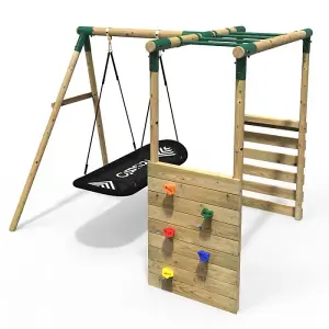 Rebo Wooden Children's Garden Swing Set with Monkey Bars - Single Boat Swing - Green