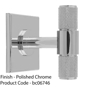 Knurled T Bar Cabinet Door Knob & Matching Backplate - Polished Chrome 40 x 40mm