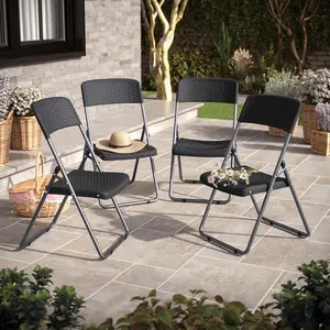 URBNGARDEN 82cm Height Black 4Pcs Rattan Effect Metal Folding Chairs Outdoor Indoor Dining Furniture