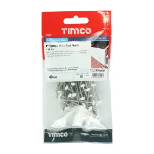 Timco - Polymer Headed Pins - Stainless Steel - White (Size 40mm - 50 Pieces)