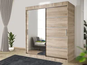 Bedroom Sliding Wardrobe with LED - Storage Space & Sleek Design comes in Width 100cm/120cm/150cm/180cm/203cm/250cm (Oak, 150cm)