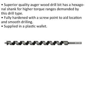 25mm x 460mm Premium Hardened Auger Drill Bit with Hex Shank for Woodworking Projects