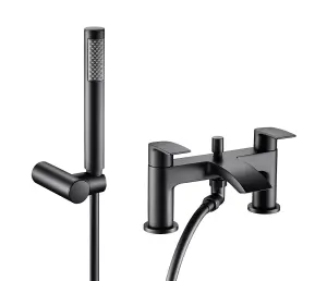 Matt Black Waterfall Curve Deck Mounted Bath Shower Mixer + Shower Head + Tap