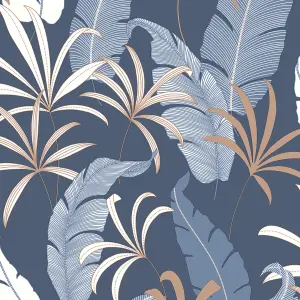 Arthouse Selago Blue Leaf Wallpaper Metallic Bronze Effect Modern Paste The Wall