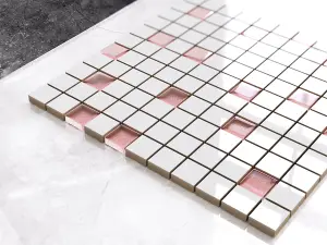 Ceramic mosaic with glass inserts on mesh for bathroom or kitchen 300mm x 300mm - Pink beads