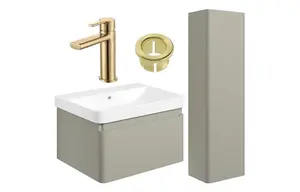 Aquarius Sophie 605MM Vanity Unit Matt Latte Tall Boy Set with Brushed Brass Brassware