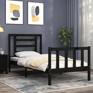 Berkfield Bed Frame with Headboard Black Single Solid Wood