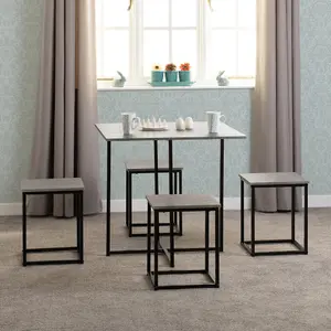 Kent Stowaway Dining Table and 4 Stool Set Stone Effect and Black