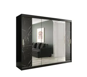 Elegant Black Geneva T2 Sliding Door Wardrobe W2500mm H2000mm D620mm - Mirrored Doors, Gold Handles, Expansive Storage