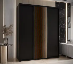 Sapporo - Sleek Black Sliding Door Wardrobe with Shelves and Hanging Rails  (H)2050mm (W)2000mm (D)600mm