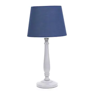 ValueLights Victoria Traditional Grey Wood Candlestick Table Lamp with Navy Blue Tapered Shade - LED Bulb Included