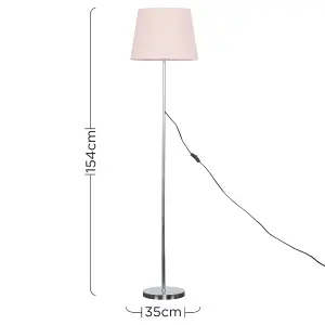 ValueLights Modern Standard Floor Lamp In Polished Chrome Metal Finish With Pink Tapered Shade With 6w LED GLS Bulbs In Warm White