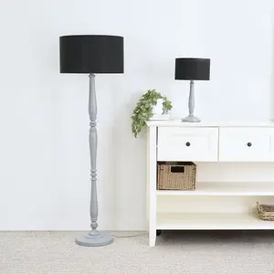 ValueLights Victoria Traditional Grey Wood Candlestick Floor Lamp with Black Drum Shade - LED Bulb Included