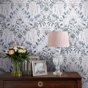 Laura Ashley Parterre Off white & seaspray Damask Smooth Wallpaper