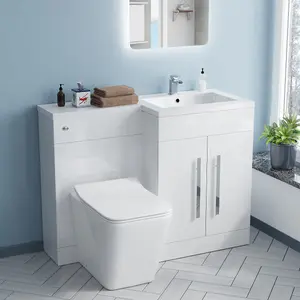 Nes Home RH 1100 mm L-Shape White Basin Vanity Unit WC BTW Rimless Toilet