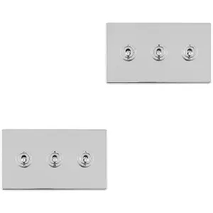 2 PACK 3 Gang Triple Retro Toggle Light Switch SCREWLESS CHROME 10A 2 Way Plate