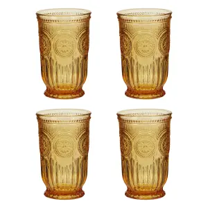 Set of 4 Luxury Embossed Yellow Tall Drinking Glass Tumblers 330ml