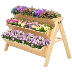 Outsunny 3 Tier Wooden Garden Raised Bed Plant Bed with Clapboard and Hooks