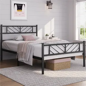 Minimalist Metal Slatted Bed Platform with Arrow Design Headboard Black / Single (3')