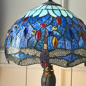 Luminosa Dragonfly 2 Light Small Table Lamp Dark Bronze, Blue, Tiffany Style Glass, E27