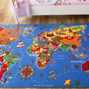 Children's Educational Blue World Map Play Mat Bedroom Rug 95x200cm