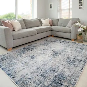 Silver Navy Blue Distressed Abstract Modern Textured Area Rug 80x150cm