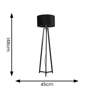 ValueLights Lottie Black Wood Tripod Floor Lamp with Black Velvet Drum Shade